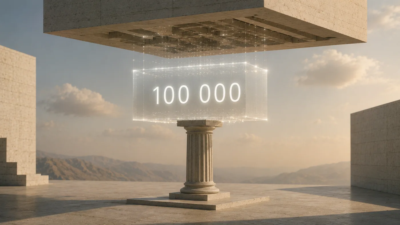 Баланс «100 000» держится светящейся проекцией на колонне под сводом банка