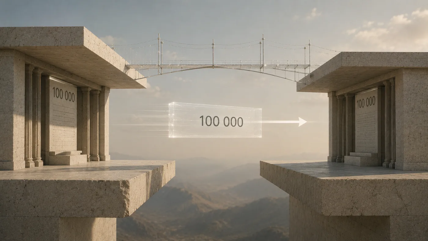 Сумма «100 000» переходит от одного банка-храма к другому